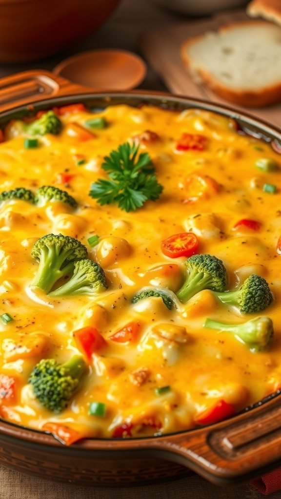 A cheesy vegetable casserole with broccoli, carrots, and bell peppers, topped with breadcrumbs, served in a rustic dish.
